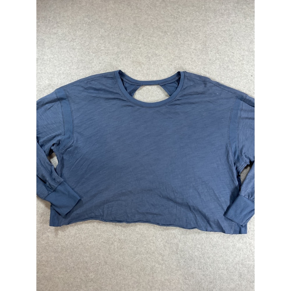 Blue Slub Knit Open Back Cropped Long Sleeve Top Ribbed Cuffs Raw Hem Small 1961